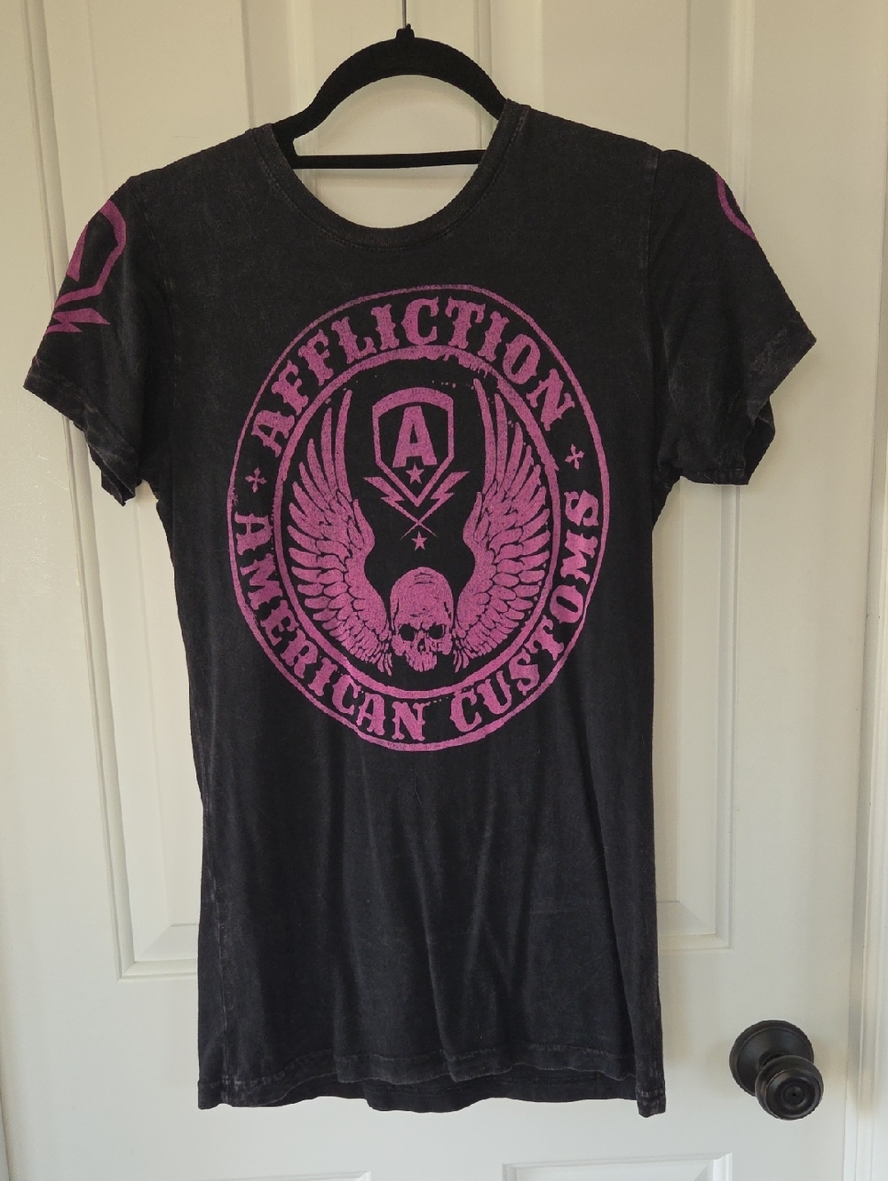 Affliction Black Tee with Pink Winged Skull Emblem